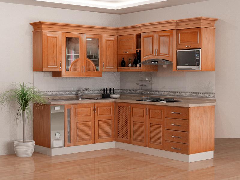 Tủ bếp giá rẻ gỗ xoan đào chữ L | Bếp Viethome